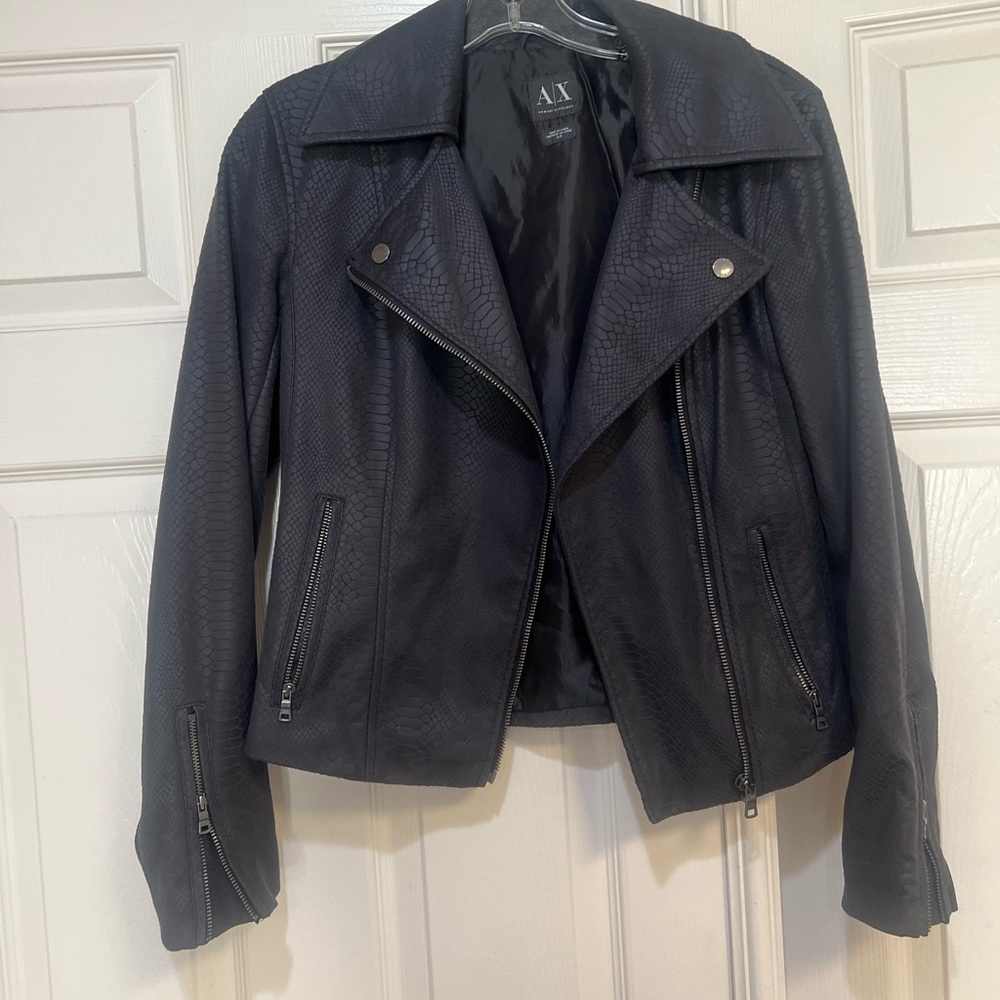 Armani Exchange Jacket Women’s Small Snake Print Black Biker Zipper Faux Leather